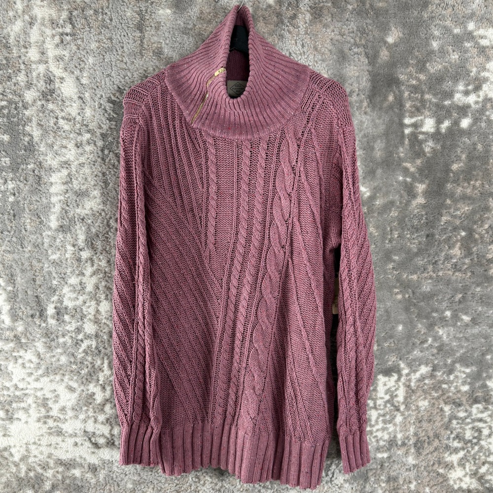 New St. Johns Bay Sz L Cable Knit Zip Cowl Neck Pullover Sweater Pink Long Women